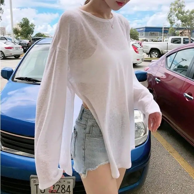 T-shirts Women Side-slit Design Summer Sheer Chic Popular Students Streetwear Pure Color Thin Sunscreen Loose Soft Ins Korean