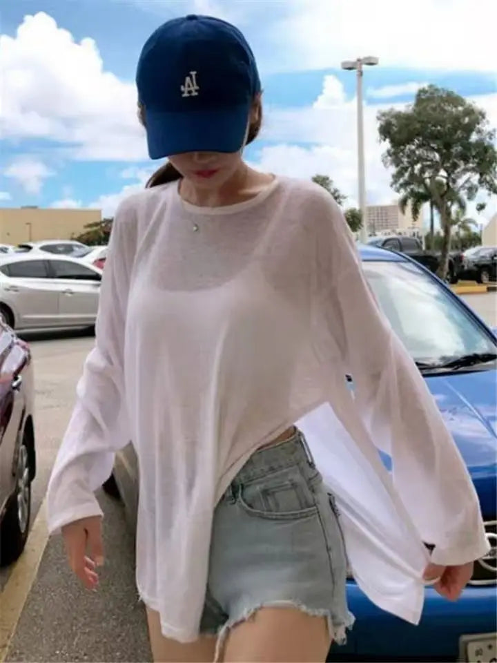 T-shirts Women Side-slit Design Summer Sheer Chic Popular Students Streetwear Pure Color Thin Sunscreen Loose Soft Ins Korean