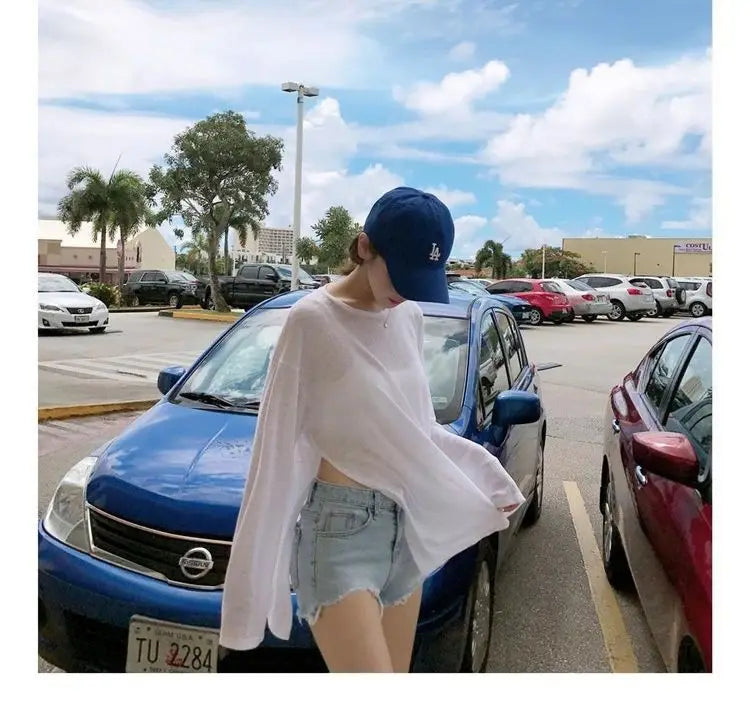 T-shirts Women Side-slit Design Summer Sheer Chic Popular Students Streetwear Pure Color Thin Sunscreen Loose Soft Ins Korean