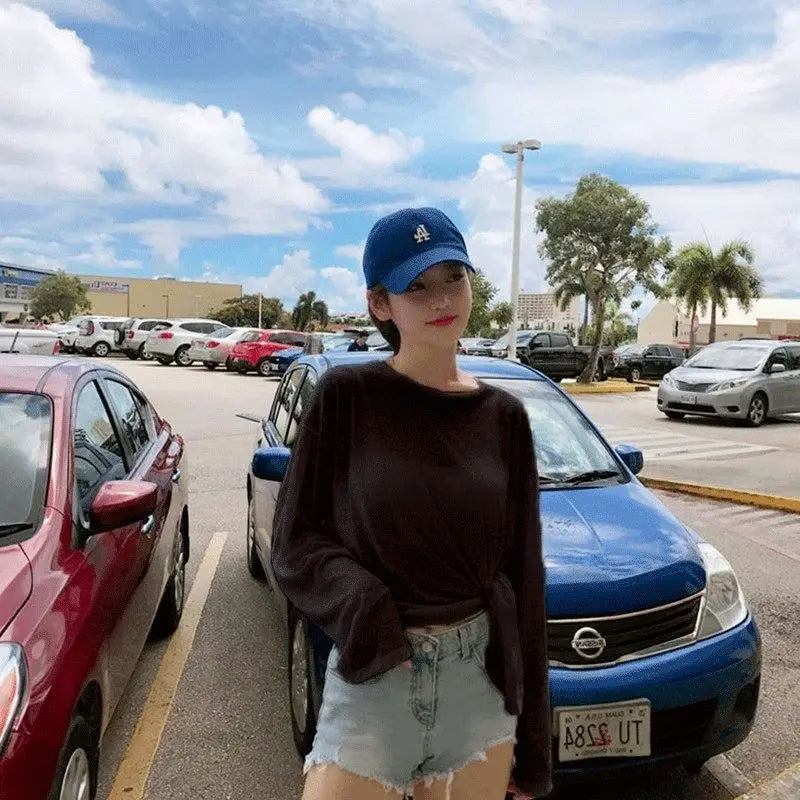 T-shirts Women Side-slit Design Summer Sheer Chic Popular Students Streetwear Pure Color Thin Sunscreen Loose Soft Ins Korean