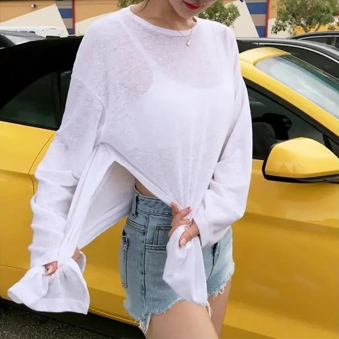 T-shirts Women Side-slit Design Summer Sheer Chic Popular Students Streetwear Pure Color Thin Sunscreen Loose Soft Ins Korean