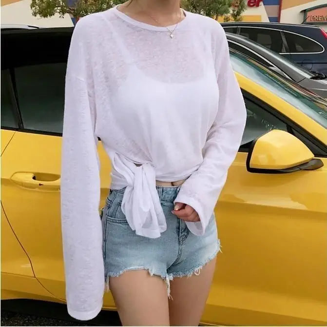 T-shirts Women Side-slit Design Summer Sheer Chic Popular Students Streetwear Pure Color Thin Sunscreen Loose Soft Ins Korean