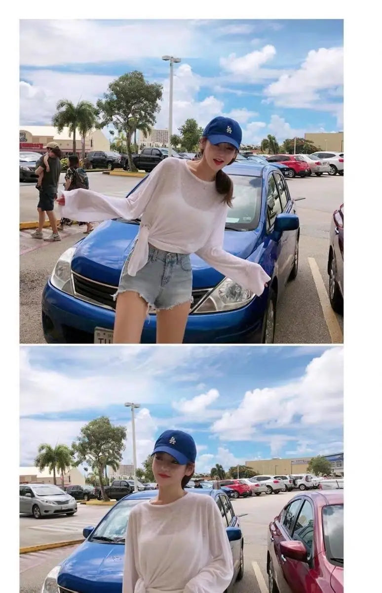 T-shirts Women Side-slit Design Summer Sheer Chic Popular Students Streetwear Pure Color Thin Sunscreen Loose Soft Ins Korean