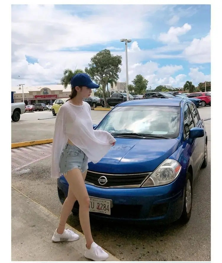 T-shirts Women Side-slit Design Summer Sheer Chic Popular Students Streetwear Pure Color Thin Sunscreen Loose Soft Ins Korean