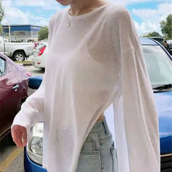 T-shirts Women Side-slit Design Summer Sheer Chic Popular Students Streetwear Pure Color Thin Sunscreen Loose Soft Ins Korean