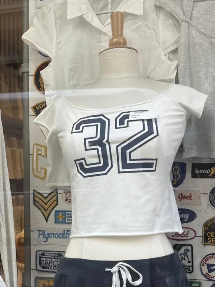 28 Graphic Print T-Shirts Woman Summer Slash Neck Short Sleeve Cotton Tees American Vintage Streetwear Raw Hem Crop Top T-shirts