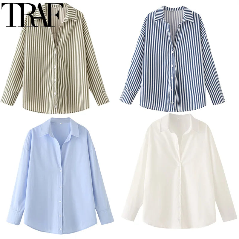 TRAF 2025 Woman Blouses Long Stripe Shirts Women Spring Summer Long Sleeve Blue White Shirt Woman Large Tops Button Up Shirts