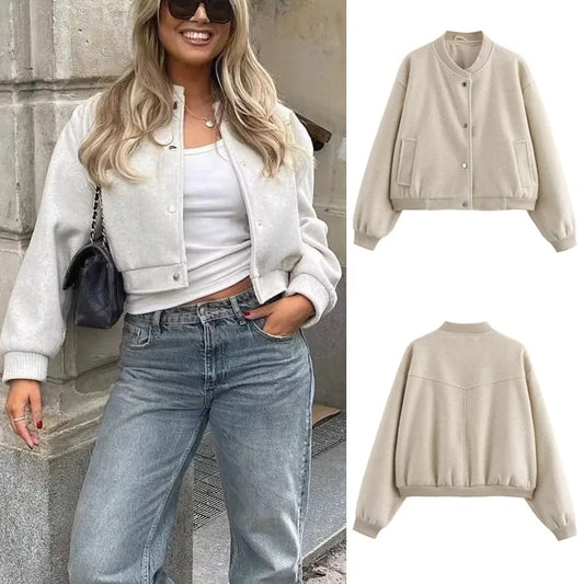 Women’s White Cropped Bomber Jacket – Autumn/Winter.