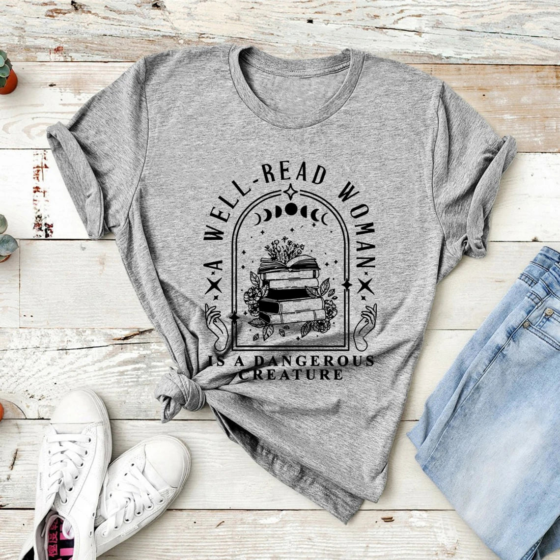 A Well Read Woman Is A Dangerous Creature T Shirts Bookish Merch T-Shirt Women Tshirts Vintage Graphic Tees Book Lovers Gifts