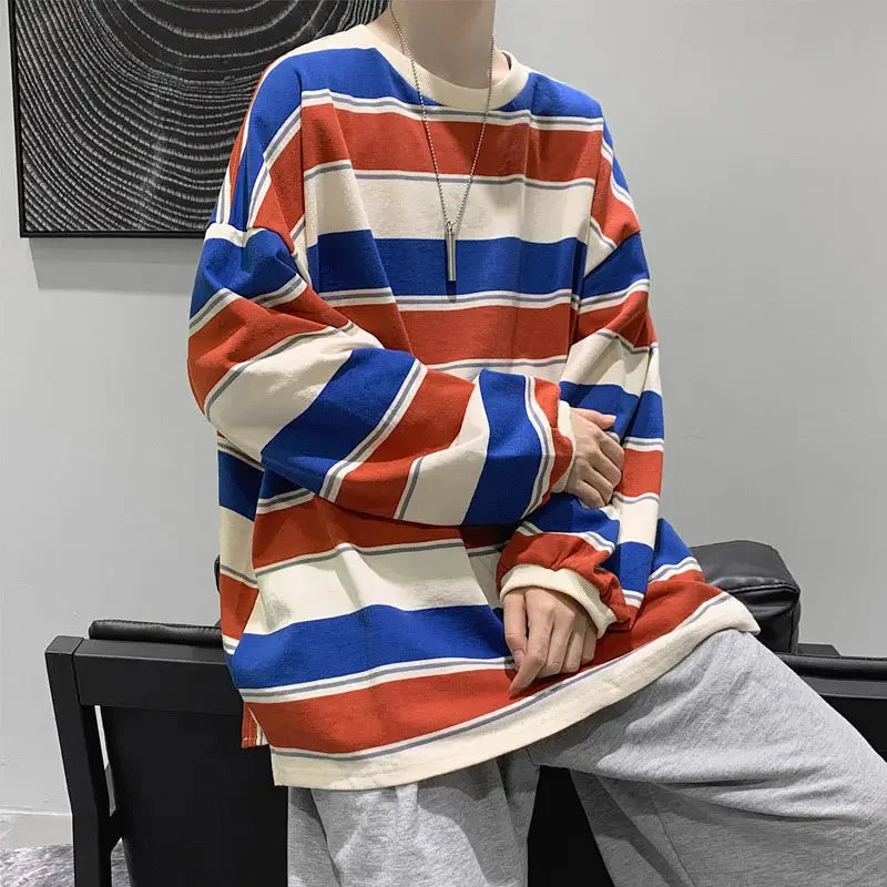 Women T shirts Summer Woman clothing Striped Top Sweatshirt 2023 korean fashion Long Sleeves Tee Patchwork Loose Couple T-shirts