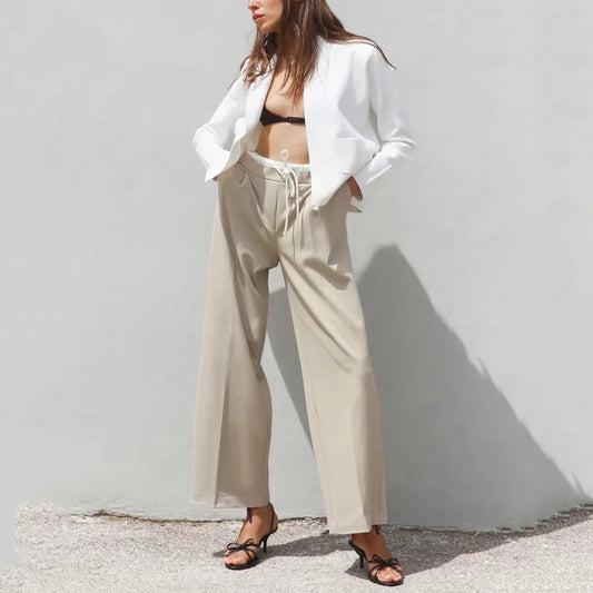 Women’s Wide-Leg Pants – Double Waistband, High Elastic, Drawstring & Side Pockets