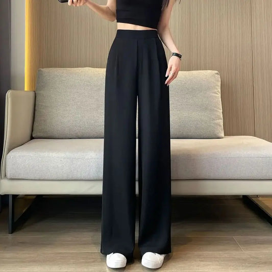 Women’s High-Waist Wide-Leg Casual Pants – Loose Straight Black Trousers