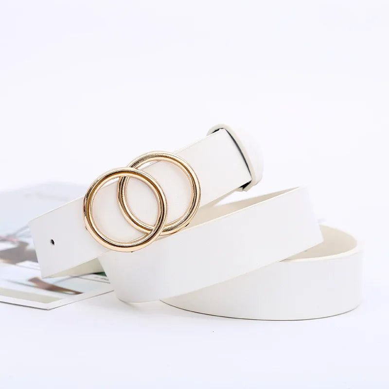 Women’s Double Ring PU Belt – Round Metal Buckle