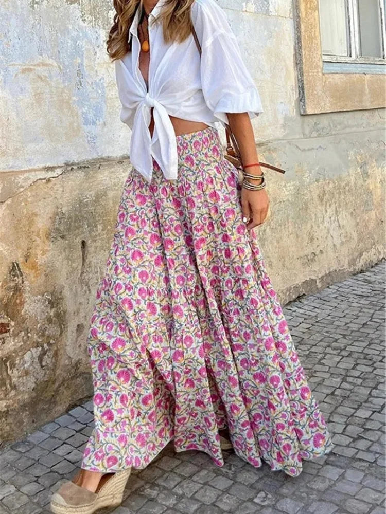 Women’s Floral Elastic Waist Long Skirt