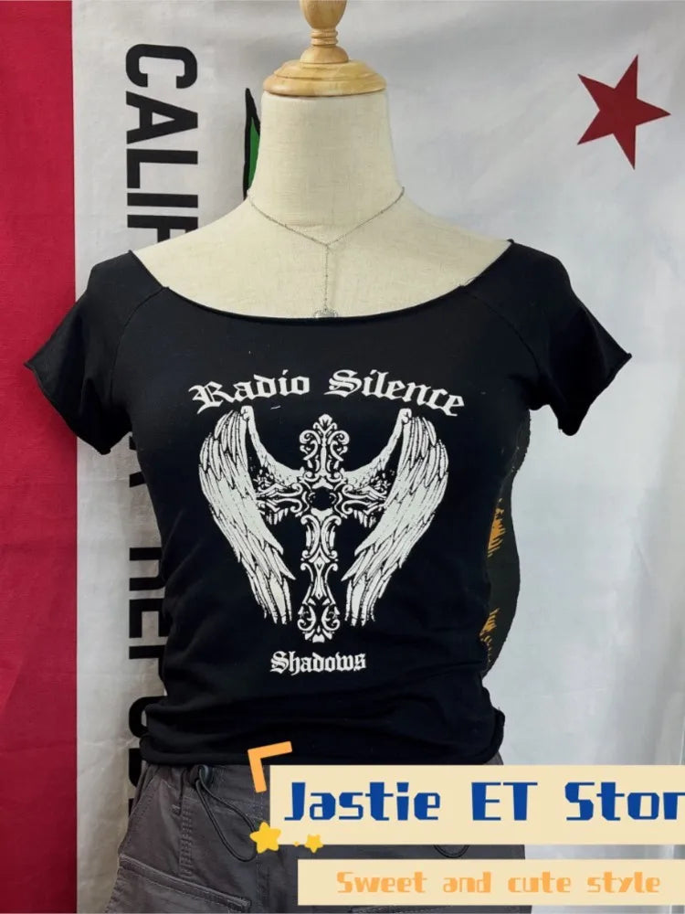 28 Graphic Print T-Shirts Woman Summer Slash Neck Short Sleeve Cotton Tees American Vintage Streetwear Raw Hem Crop Top T-shirts