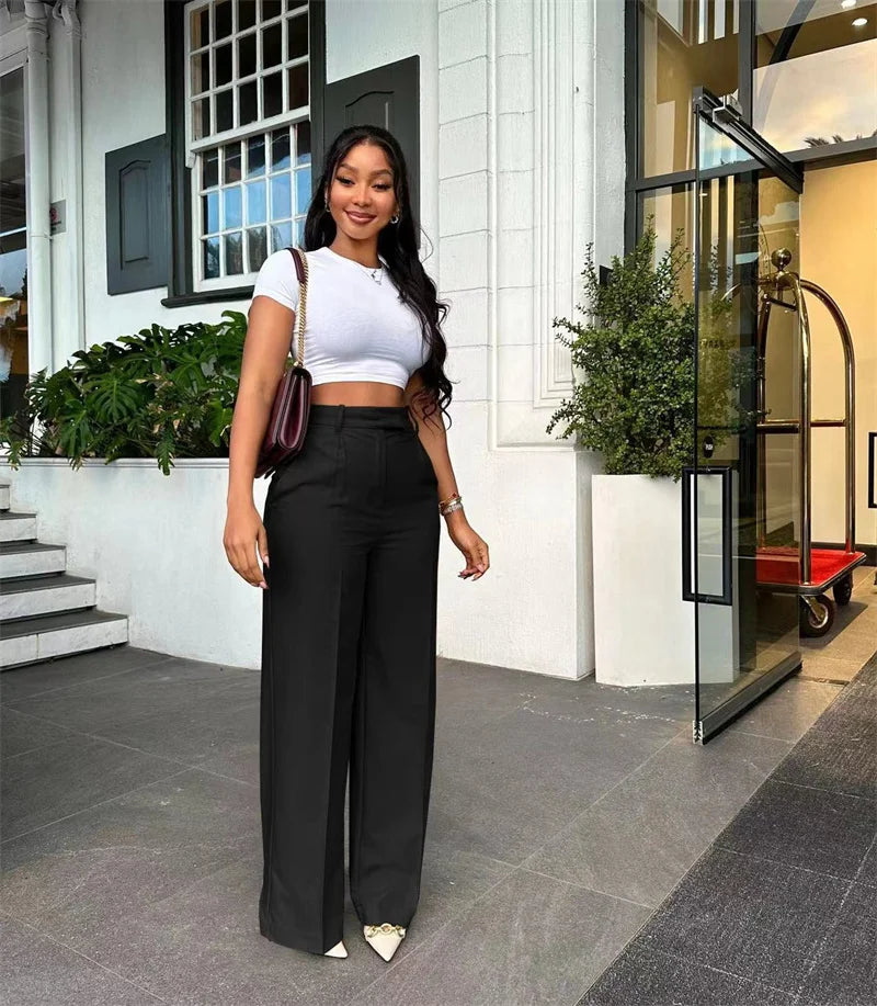 Women’s Elegant Wide-Leg High-Waist Pants – Loose Office Workwear Trousers