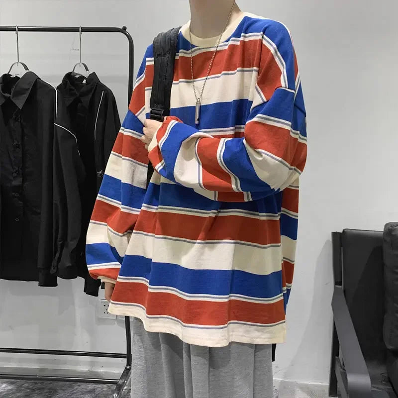 Women T shirts Summer Woman clothing Striped Top Sweatshirt 2023 korean fashion Long Sleeves Tee Patchwork Loose Couple T-shirts