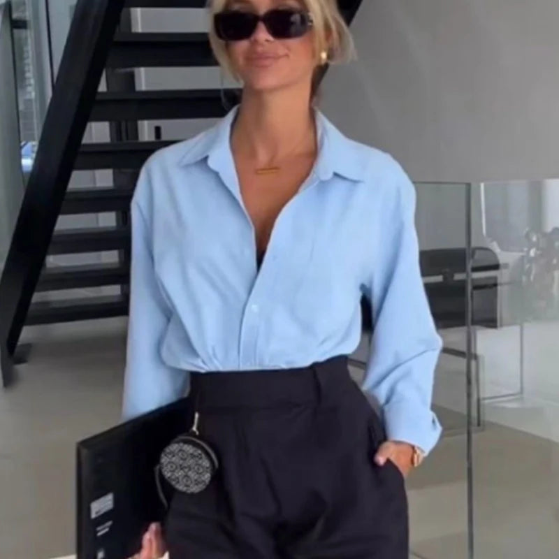 TRAF 2025 Woman Blouses Long Stripe Shirts Women Spring Summer Long Sleeve Blue White Shirt Woman Large Tops Button Up Shirts