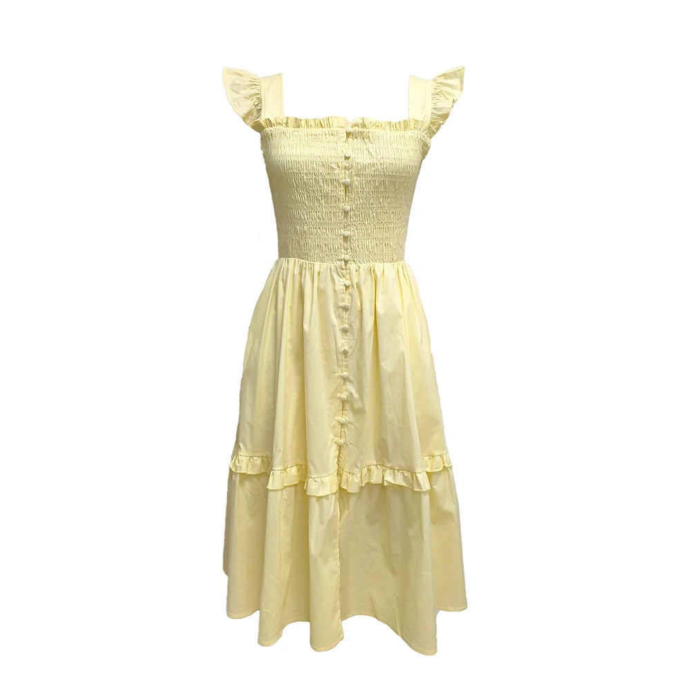 Women’s Yellow Off-Shoulder Tiered Dress – Summer Beach & Picnic Dress