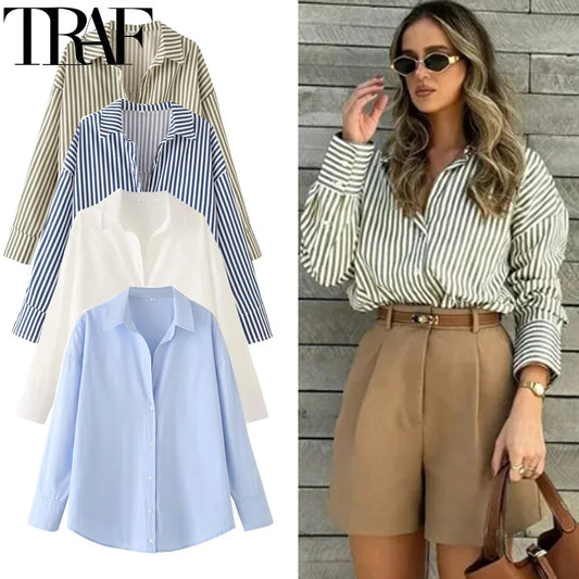 TRAF 2025 Woman Blouses Long Stripe Shirts Women Spring Summer Long Sleeve Blue White Shirt Woman Large Tops Button Up Shirts