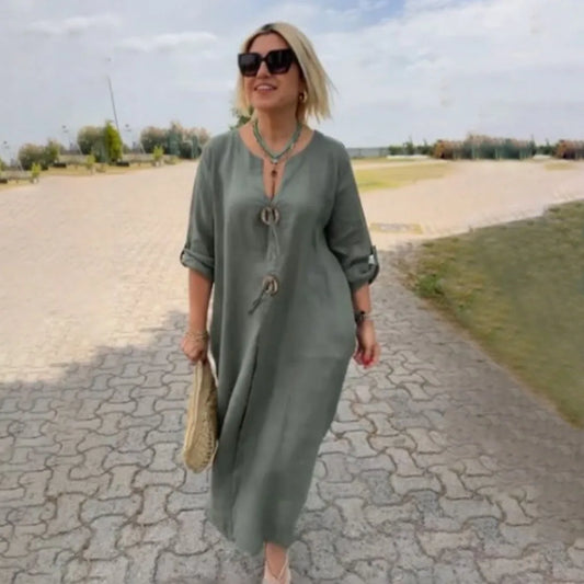 Women’s Casual Linen Maxi Dress – Loose Short Sleeve Elegant Dress