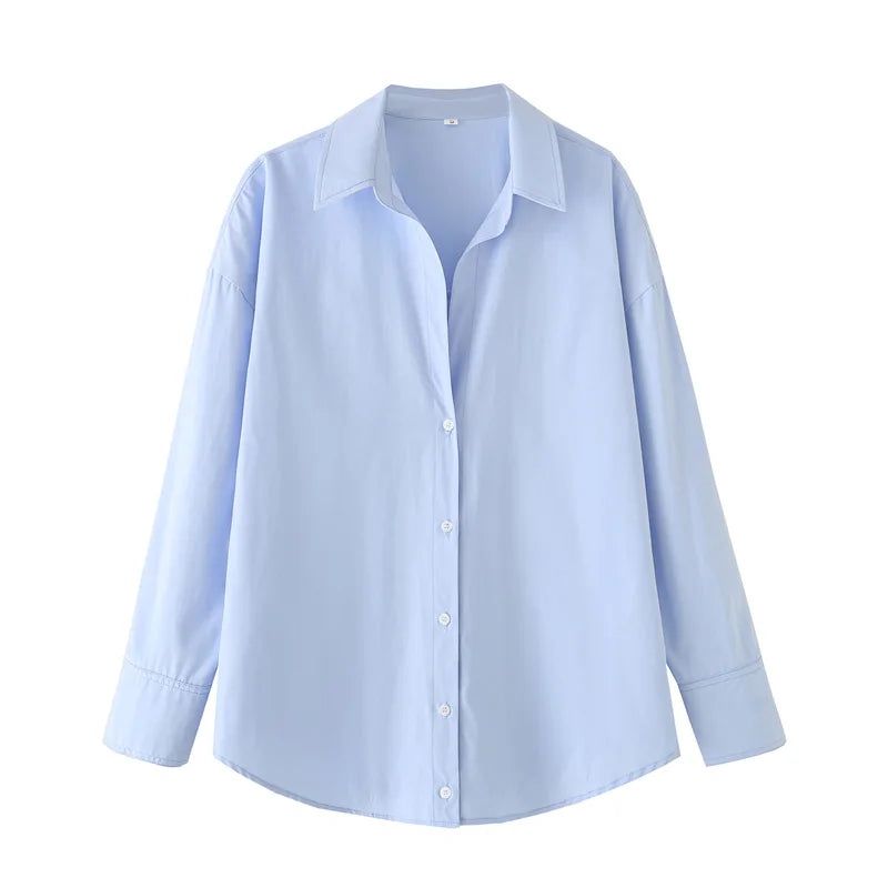 TRAF 2025 Woman Blouses Long Stripe Shirts Women Spring Summer Long Sleeve Blue White Shirt Woman Large Tops Button Up Shirts