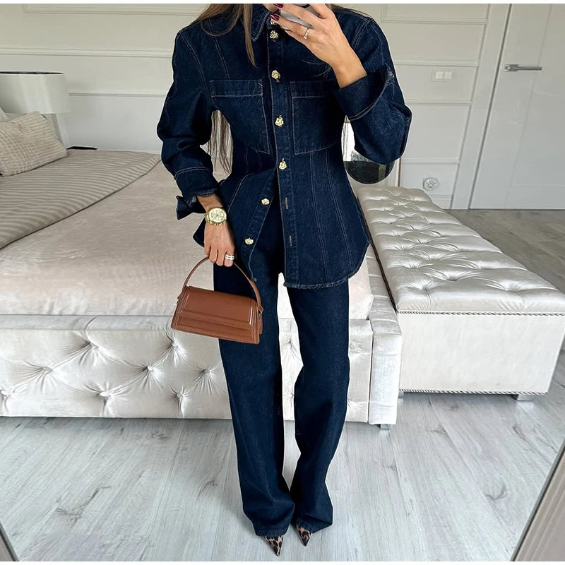 Denim Jacket Jeans 2 piece sets woman Long Sleeve Metal Buttons Sliming Pocket Top Straight Leg Pants Cowgirl Outfits for Women