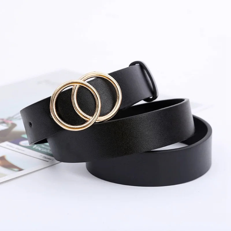 Women’s Double Ring PU Belt – Round Metal Buckle