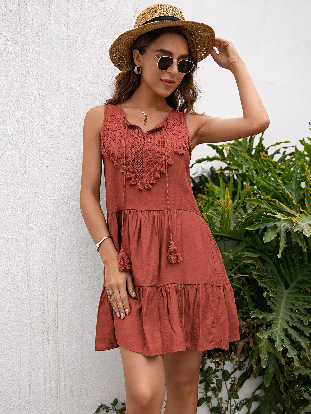 Women’s High-Waist Tassel Lace Mini Dress – Sleeveless Summer Sundress