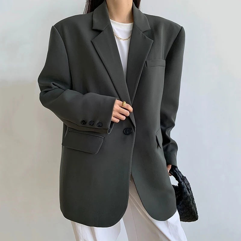Women’s Black Single-Button Blazer – Loose Fit Office & Streetwear.