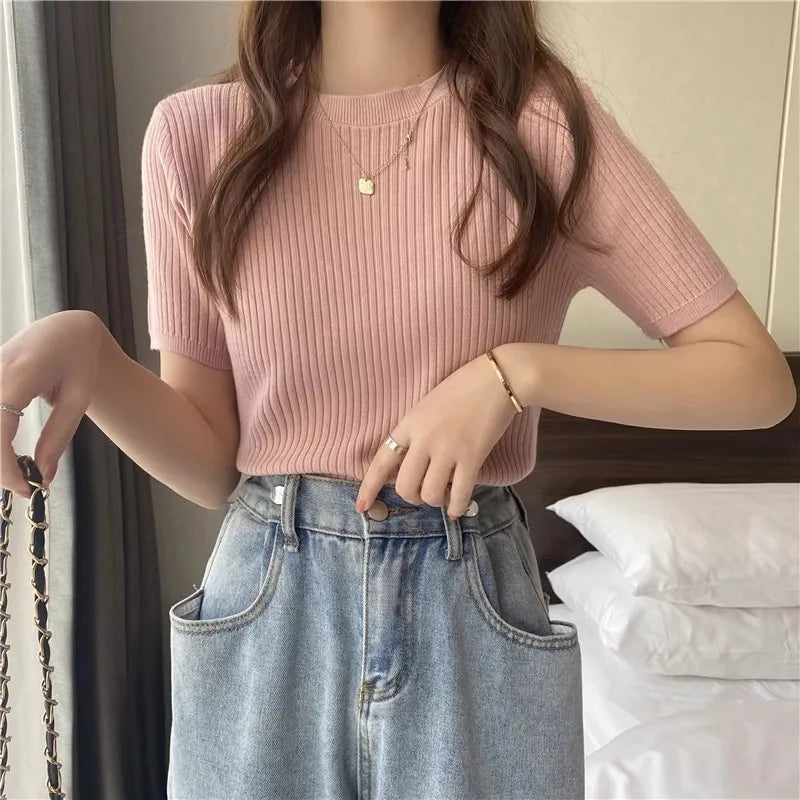 Blusas Mujer Blouses Top FemmeTops Women Blusas Mujer De Moda 2025 Verano Short Sleeve Knit Blouse Women Knitted Pullovers