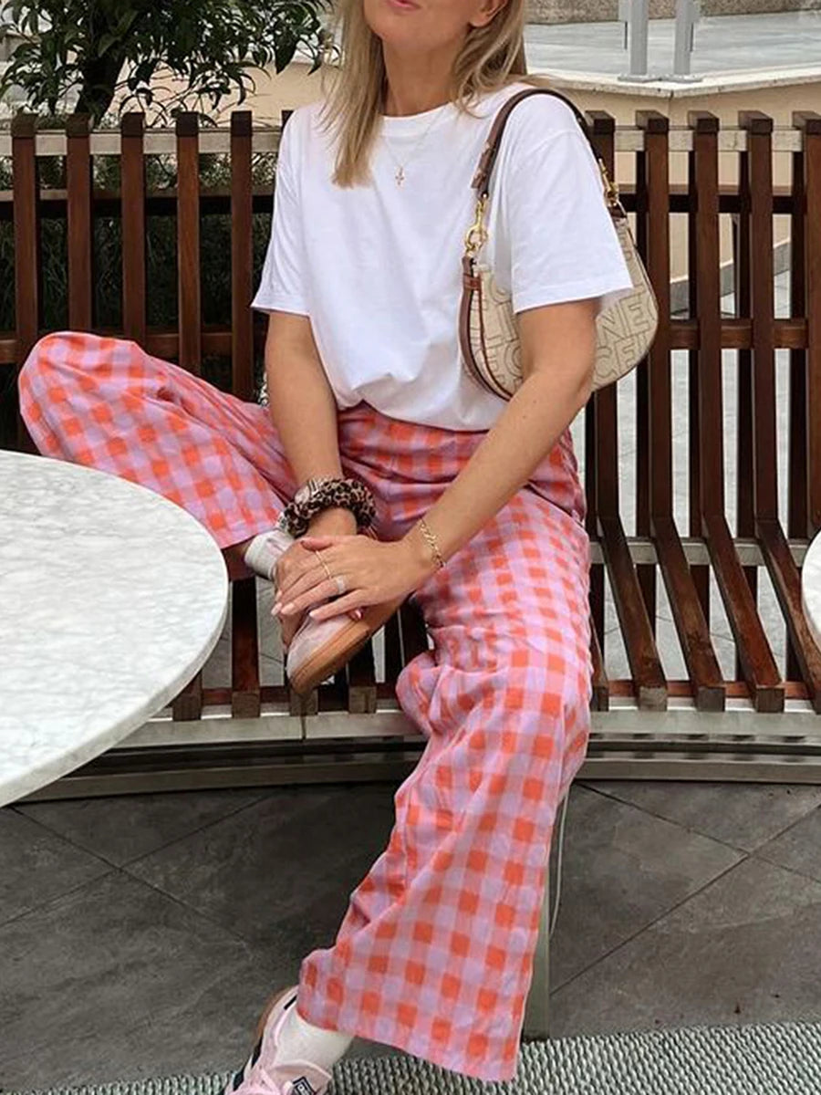 Women’s Pink Plaid Slim Straight Pants – Chic Zipper Fly Trousers