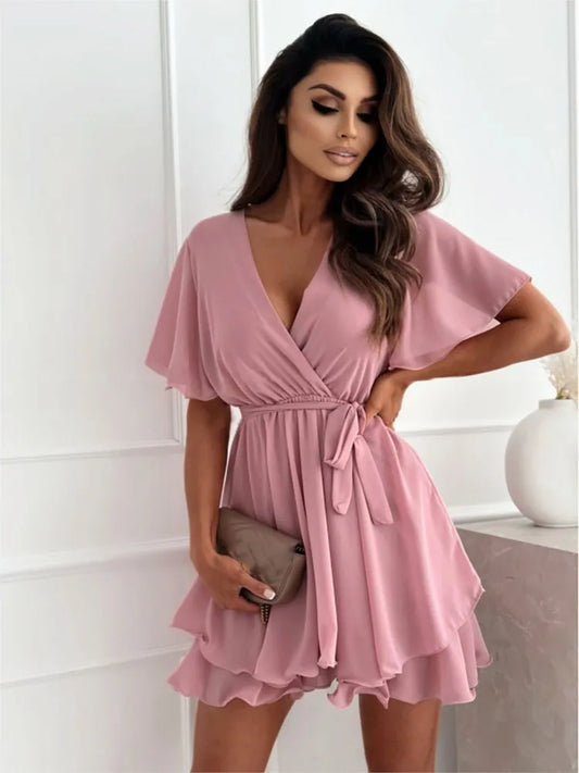 Women’s Summer V-Neck Cross-Strap Mini Dress – Ruffled Chiffon Party Dress