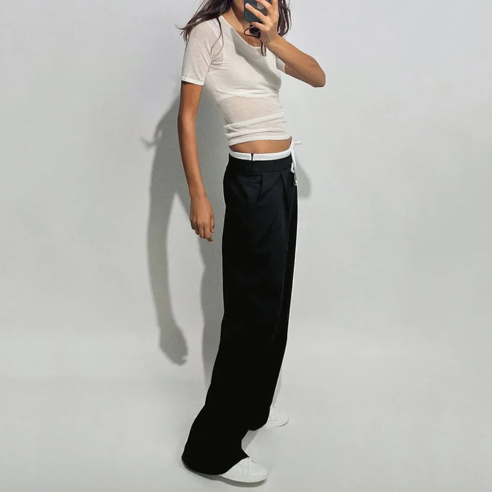 Women’s Wide-Leg Pants – Double Waistband, High Elastic, Drawstring & Side Pockets