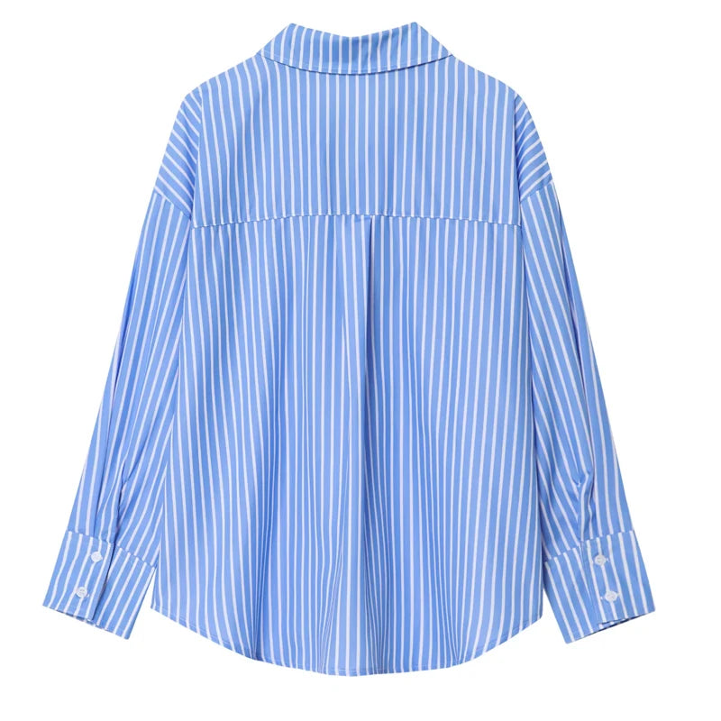 TRAF 2025 Woman Blouses Long Stripe Shirts Women Spring Summer Long Sleeve Blue White Shirt Woman Large Tops Button Up Shirts