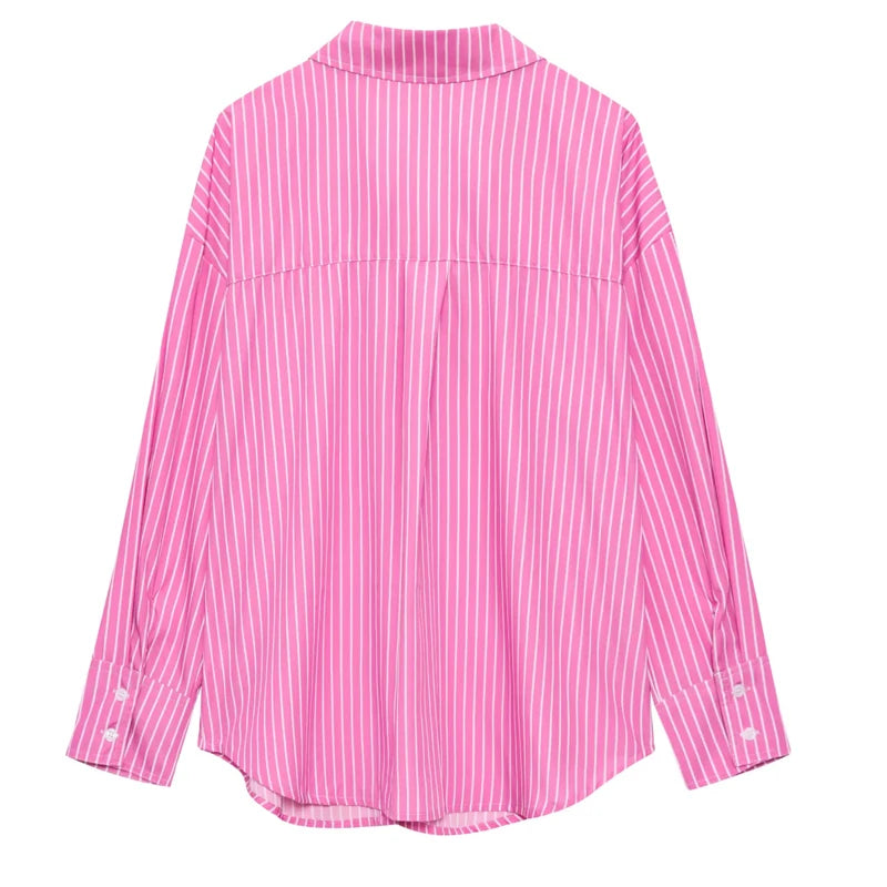 TRAF 2025 Woman Blouses Long Stripe Shirts Women Spring Summer Long Sleeve Blue White Shirt Woman Large Tops Button Up Shirts