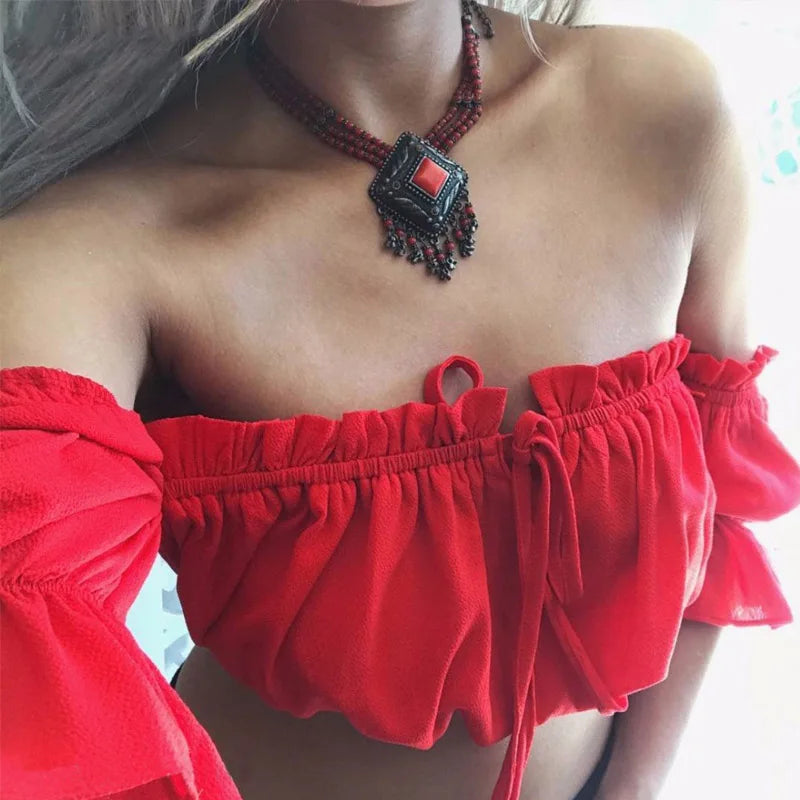 Crop tops women 2024 summer lantern sleeve sexy strapless beach tops plus size red black white ruched crop top