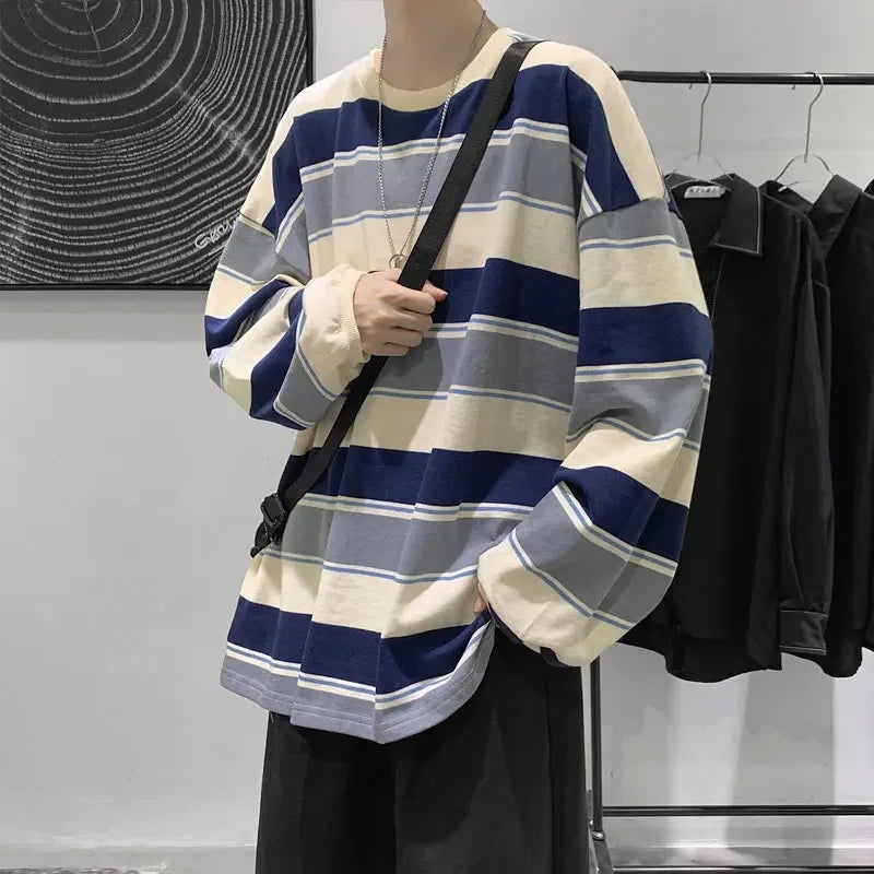 Women T shirts Summer Woman clothing Striped Top Sweatshirt 2023 korean fashion Long Sleeves Tee Patchwork Loose Couple T-shirts
