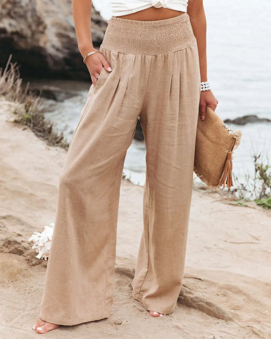 Women’s Mid-Waist Drawstring Wide-Leg Pants – Casual Spring & Summer