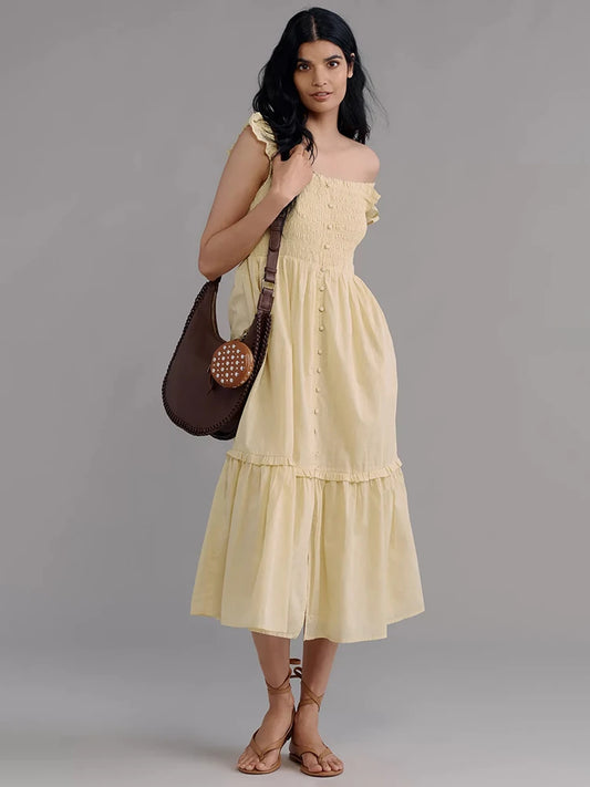 Women’s Yellow Off-Shoulder Tiered Dress – Summer Beach & Picnic Dress