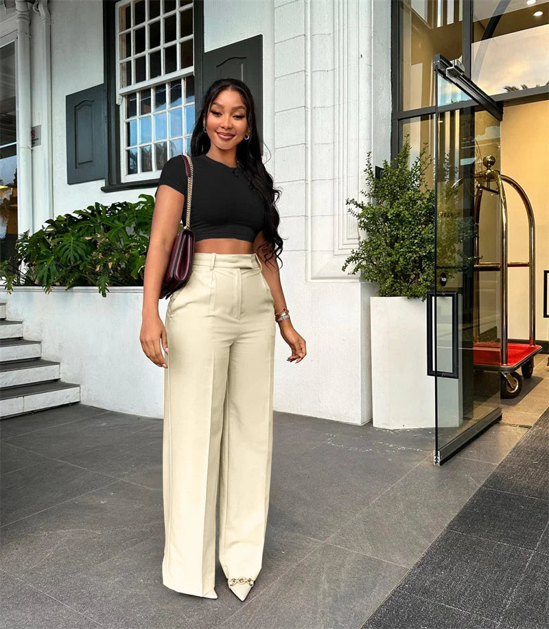 Women’s Elegant Wide-Leg High-Waist Pants – Loose Office Workwear Trousers