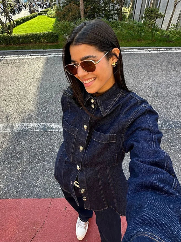 Denim Jacket Jeans 2 piece sets woman Long Sleeve Metal Buttons Sliming Pocket Top Straight Leg Pants Cowgirl Outfits for Women