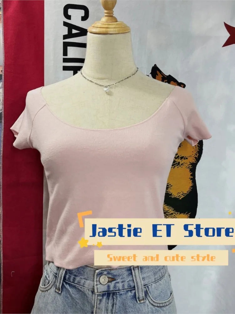 28 Graphic Print T-Shirts Woman Summer Slash Neck Short Sleeve Cotton Tees American Vintage Streetwear Raw Hem Crop Top T-shirts