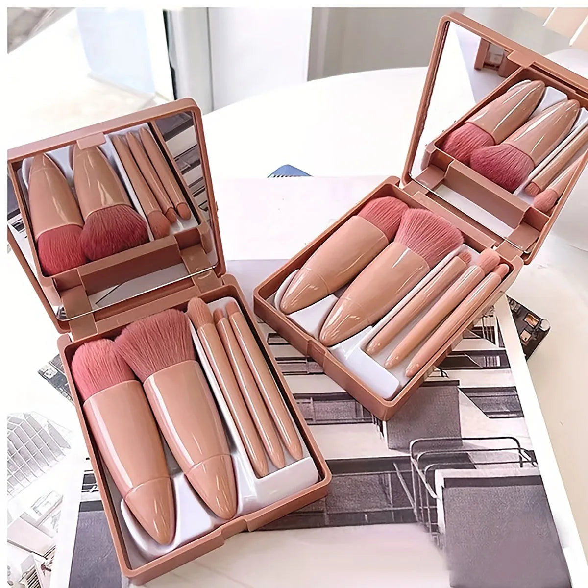 5-Pc Portable Makeup Brush Set with Mirror