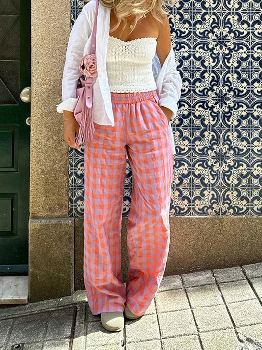 Women’s Pink Plaid Slim Straight Pants – Chic Zipper Fly Trousers