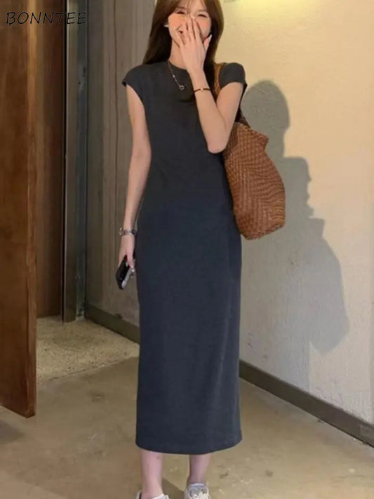 Women’s Simple Casual Dress – Elegant Slim Summer Streetwear, Korean Vintage Style
