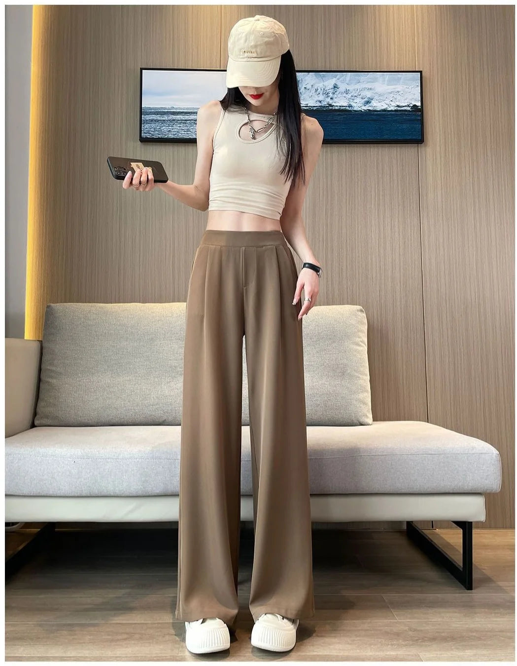Women’s High-Waist Wide-Leg Casual Pants – Loose Straight Black Trousers