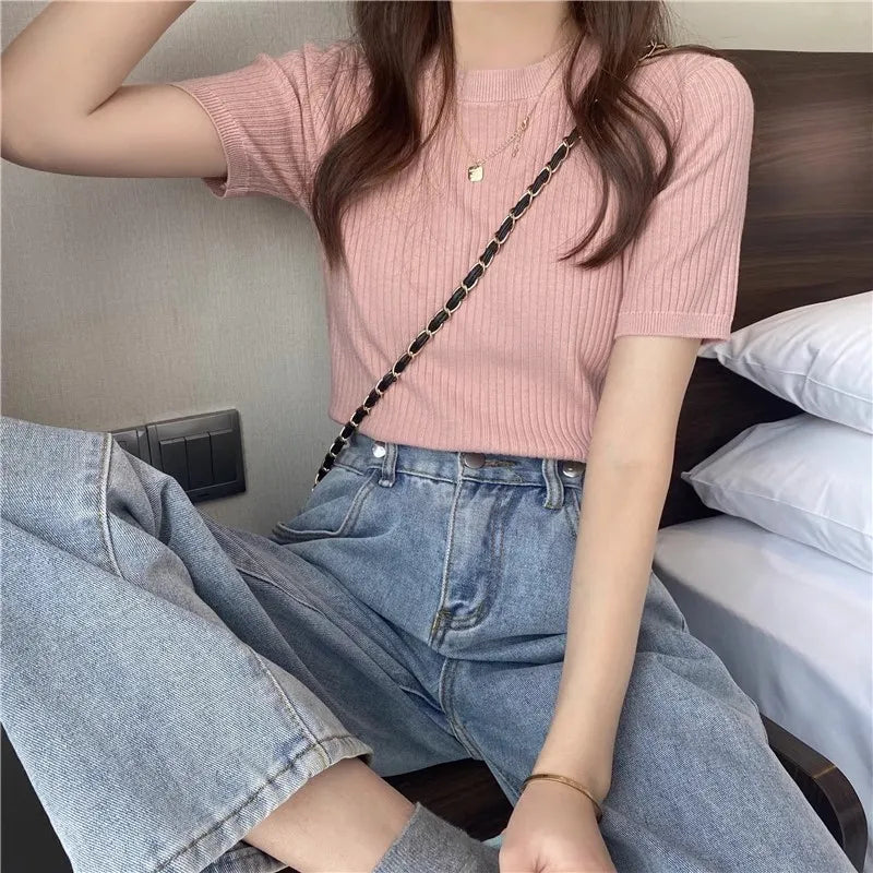 Blusas Mujer Blouses Top FemmeTops Women Blusas Mujer De Moda 2025 Verano Short Sleeve Knit Blouse Women Knitted Pullovers