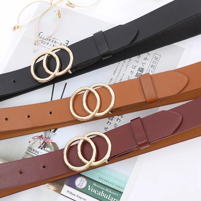 Women’s Double Ring PU Belt – Round Metal Buckle