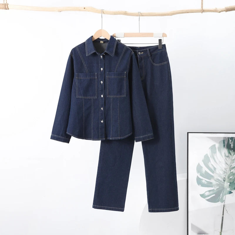Denim Jacket Jeans 2 piece sets woman Long Sleeve Metal Buttons Sliming Pocket Top Straight Leg Pants Cowgirl Outfits for Women